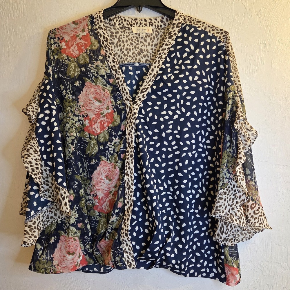 Umgee Womens 2x Dusty Mix Print Navy Top Sheer Boho Ruffle Hippie Chic Artsy